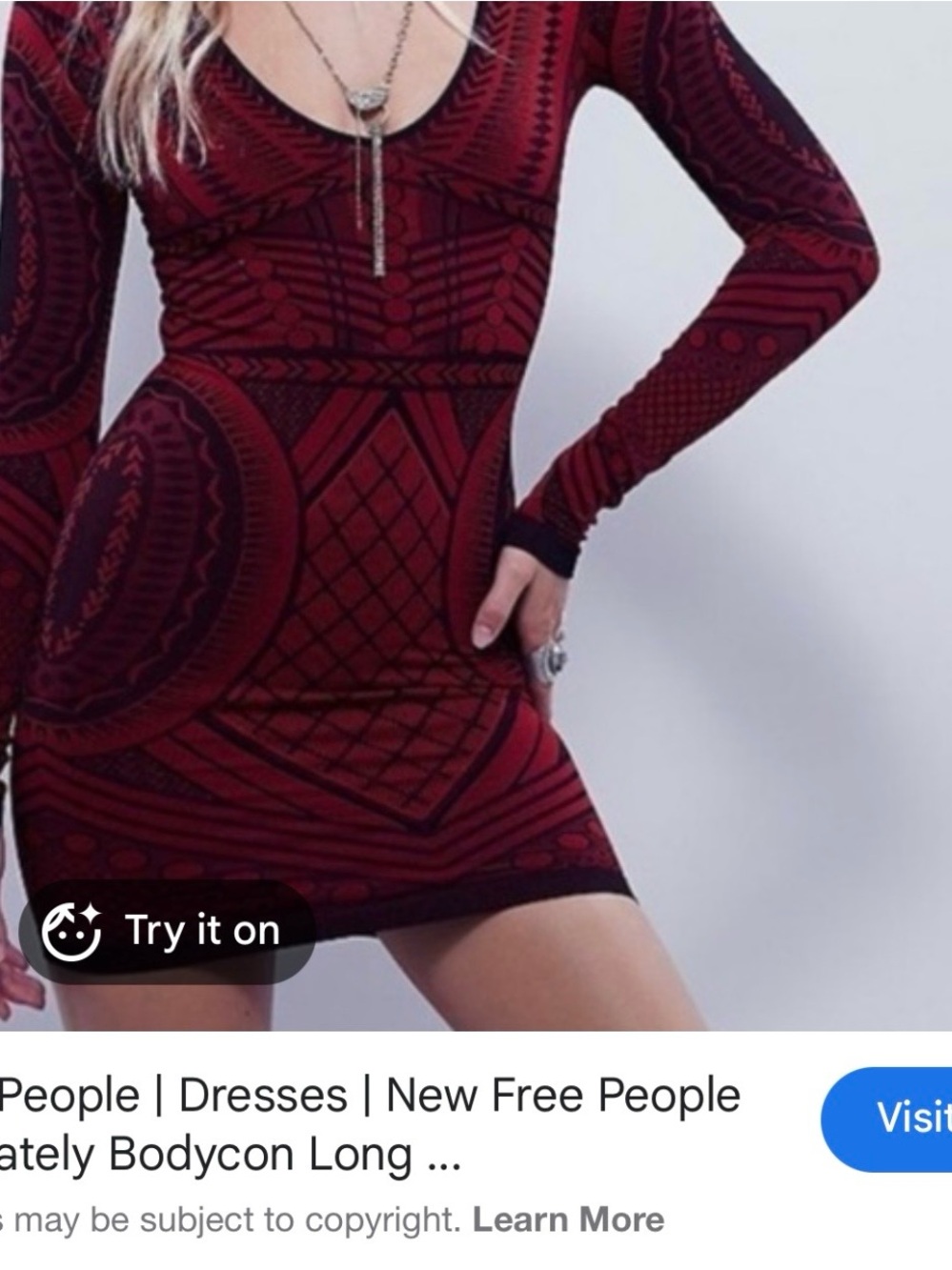 Free People Burgundy & Black Patterned Long-Sleeve Bodycon Mini